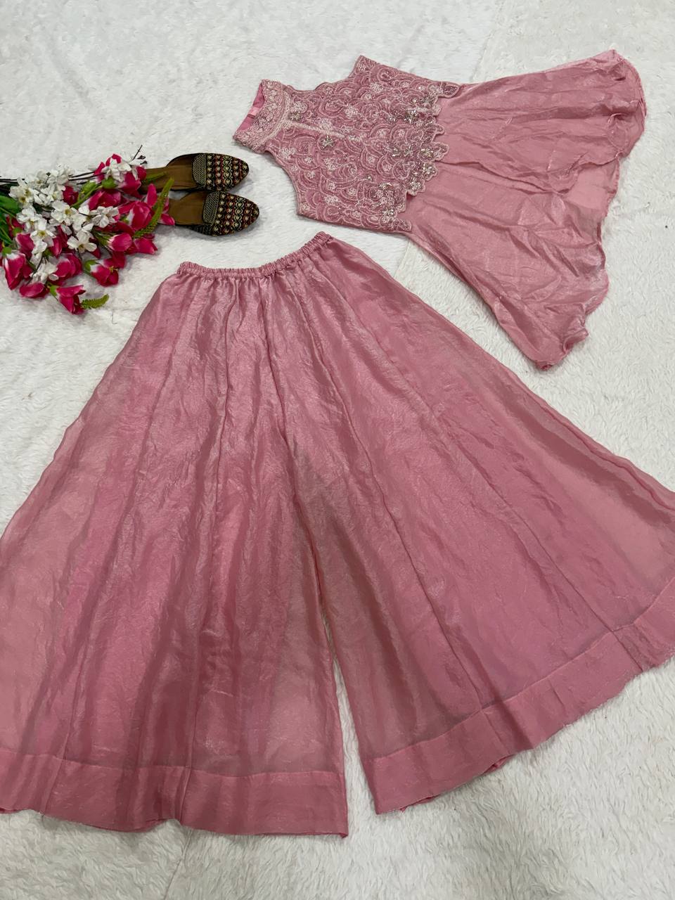 Elegant Blush Pink Peplum Kurti and Flared Palazzo Set Embellished with Delicate Resham Embroidery and Mirror Work
